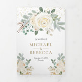 素朴緑の金ゴールドアイボリー結婚フローラ 三つ折り招待状 (カバー)