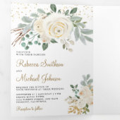 素朴緑の金ゴールドアイボリー結婚フローラ 三つ折り招待状 (内部最初)