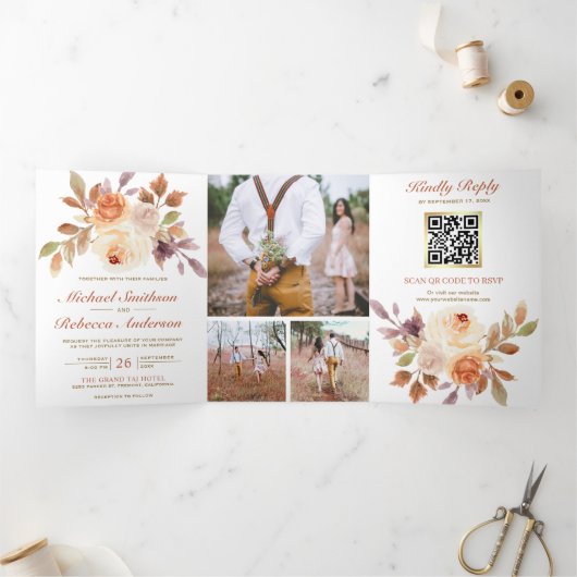 素朴自然アイボリーフローラ写真QRコード結婚s 三つ折り招待状 (内部)
