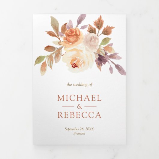 素朴自然アイボリーフローラ写真QRコード結婚s 三つ折り招待状 (カバー)