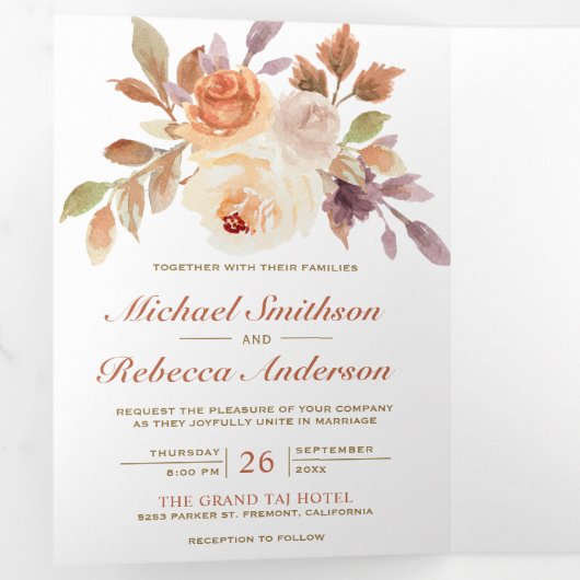 素朴自然アイボリーフローラ写真QRコード結婚s 三つ折り招待状 (内部最初)