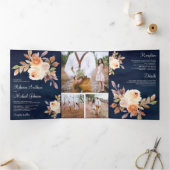 素朴自然ダスティピーチフローラネイビーブルー結婚ズ 三つ折り招待状 (内部)