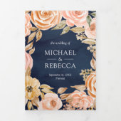 素朴自然フローラネイビーブルーQRコード結婚s 三つ折り招待状 (カバー)