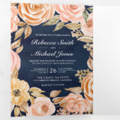 素朴自然フローラネイビーブルーQRコード結婚s 三つ折り招待状 (内部最初)