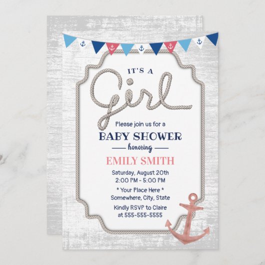 素朴航海の女の子シャワーバラ金ゴールドいかり 招待状 (正面/裏面)