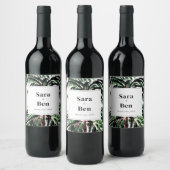 素朴色彩の鮮やかPalm Treesビーチ結婚式 ワインラベル (ボトル)