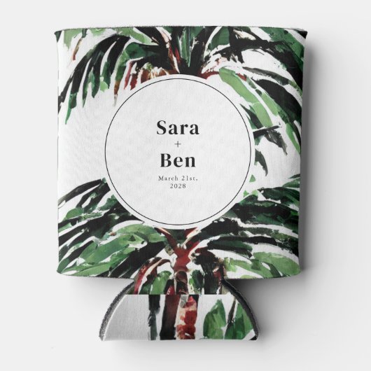 素朴色彩の鮮やかPalm Treesビーチ結婚式 缶クーラー (正面)