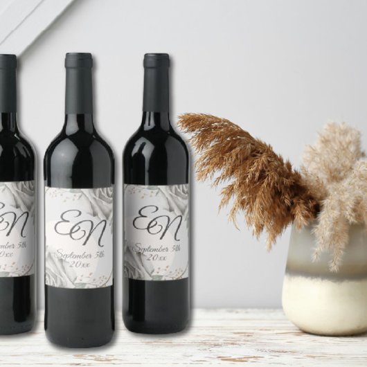 素朴花のモノグラム白い結婚バラ ワインラベル