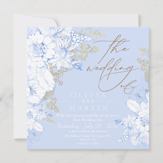 素朴花模様エレガント金ゴールド結婚のダスティブルー 招待状 (正面)