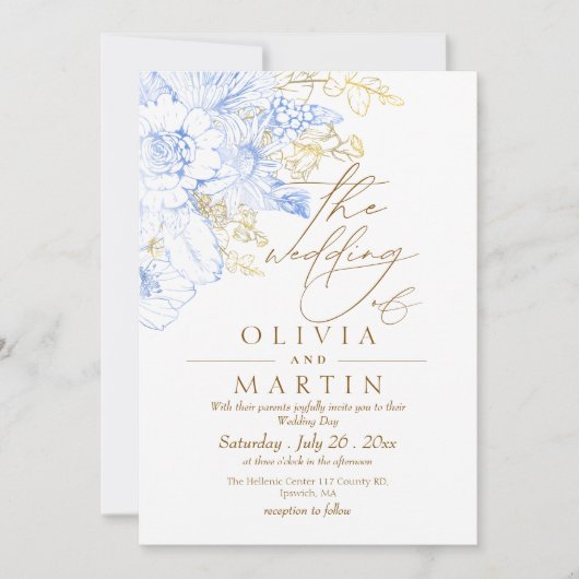 素朴花模様エレガント金ゴールド結婚の 招待状 (正面)