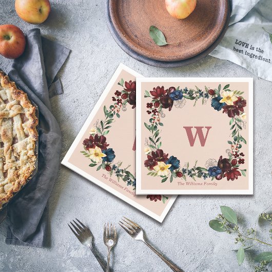 素朴花模様カスタムモノグラム スタンダードカクテルナプキン