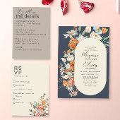 素朴花模様ダブルアーチネイビー結婚ズ 招待状