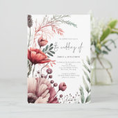 素朴花模様3 Photos QR Code Burgundy 結婚's 招待状 (スタンド正面)