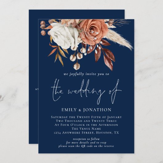 素朴花模様QRコードネイビーブルー結婚ズ 招待状 (正面/裏面)