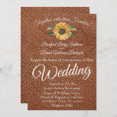 素朴茶フェイク皮製ゴールデンヒマワリ結婚ーズ 招待状 (正面/裏面)