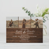 素朴茶色のエレガント木4枚の写真のスクリ結婚プト 招待状 (スタンド正面)