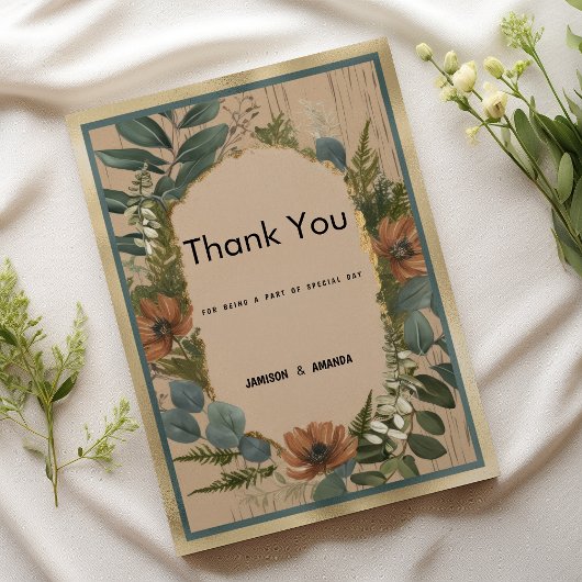 素朴茶色のオレンジ色の金ゴールドミントフローラありがとう 招待状