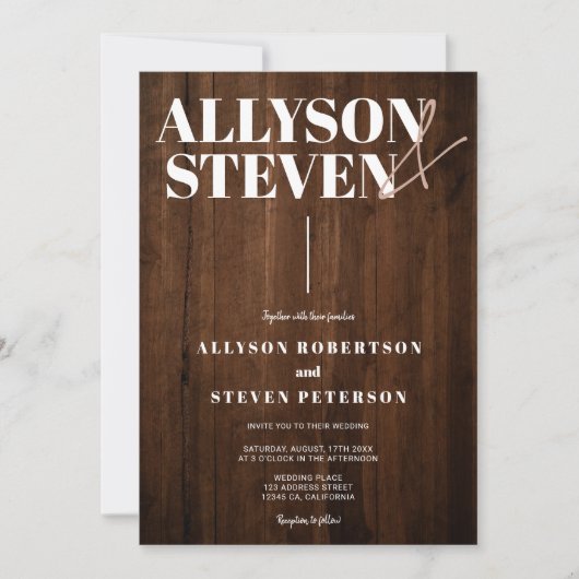 素朴茶色のモダン木はっきりしたの名はphoto結婚 招待状 (正面)