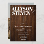 素朴茶色のモダン木はっきりしたの名はphoto結婚 招待状 (正面/裏面)