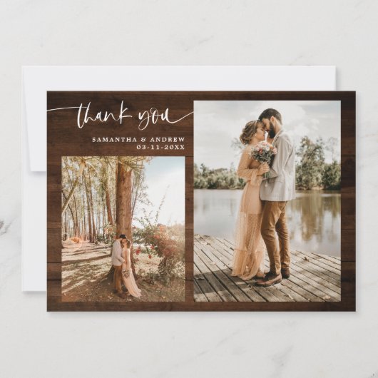 素朴茶色の木の台本感謝してい5写真結婚。 サンキューカード (正面)