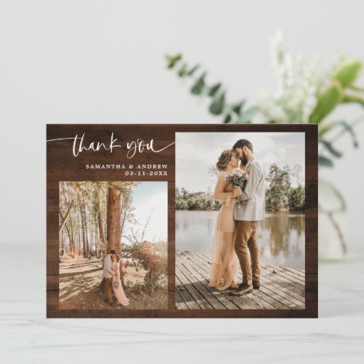 素朴茶色の木の台本感謝してい5写真結婚。 サンキューカード (スタンド正面)