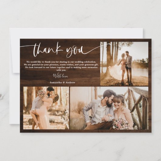 素朴茶色の木の台本感謝してい5写真結婚。 サンキューカード (裏面)