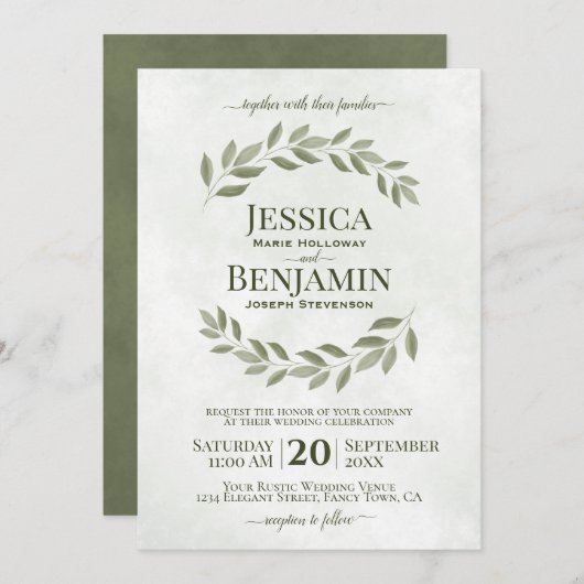 素朴葉スエレガント・セージ&オリーブグリーン結婚ズ 招待状 (正面/裏面)