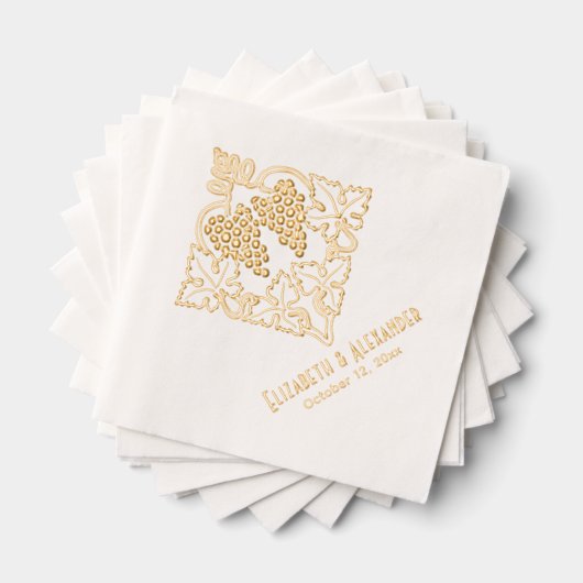 素朴葉付き葡萄の房カップル名日付 箔ナプキン (インサイチュ (積み重ね))