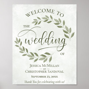 素朴葉Sage & Oliveの結婚Welcome Sign ポスター