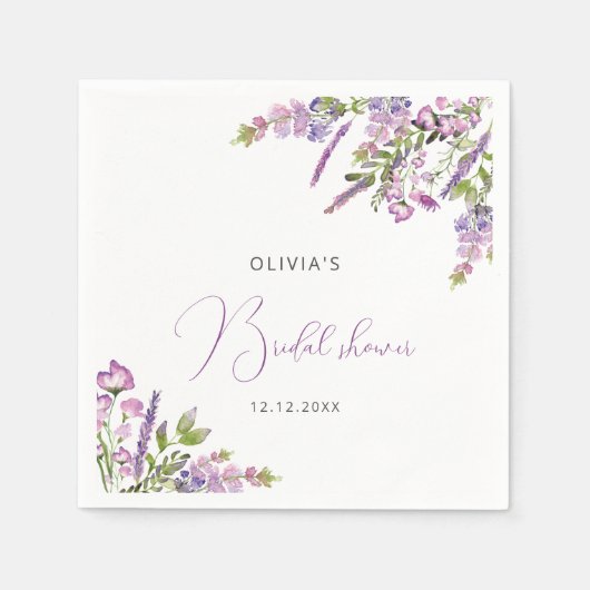 素朴薄紫パープルフローラブライダルシャワーナプキンス スタンダードカクテルナプキン (正面)