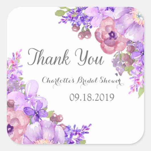素朴薄紫パープルフローラブライダルシャワーメッセージカード スクエアシール (正面)