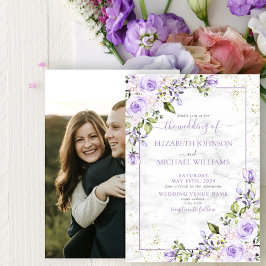 素朴薄紫ラベンダー金ゴールド大理石結婚写真 招待状