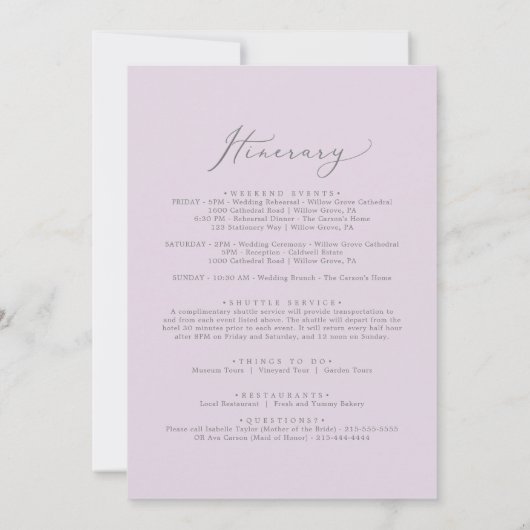 素朴薄紫結婚のウェルカムレター&旅程 (裏面)