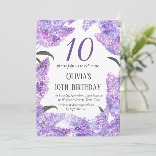 素朴薄紫10th誕生日ワイルドフラワー誕生日 招待状 (スタンド正面)