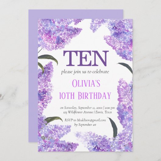 素朴薄紫10th誕生日ワイルドフラワー誕生日 招待状 (正面/裏面)