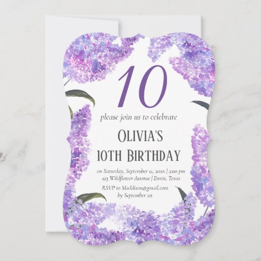 素朴薄紫10th誕生日ワイルドフラワー誕生日 招待状 (正面)