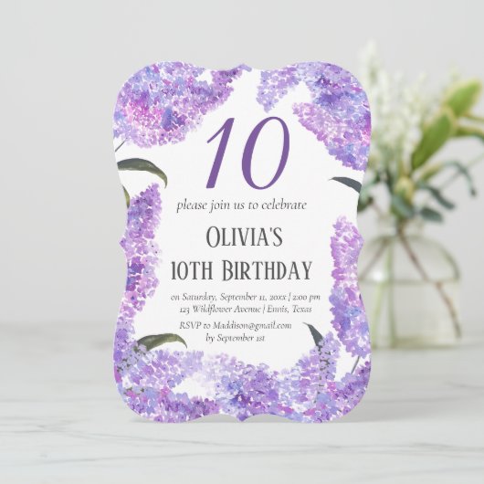 素朴薄紫10th誕生日ワイルドフラワー誕生日 招待状 (スタンド正面)