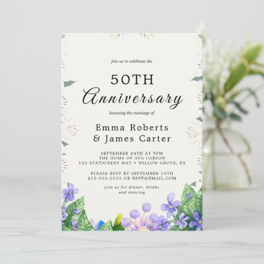 素朴薄紫50周年結婚招待状 招待状 (スタンド正面)