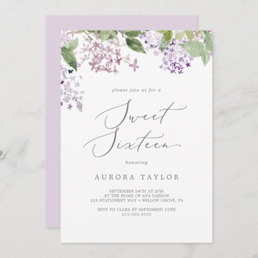 素朴薄紫Sweet sixteen誕生日 招待状 (正面/裏面)