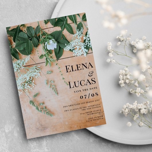 素朴薄茶色の木材フローラ結婚裏庭 招待状