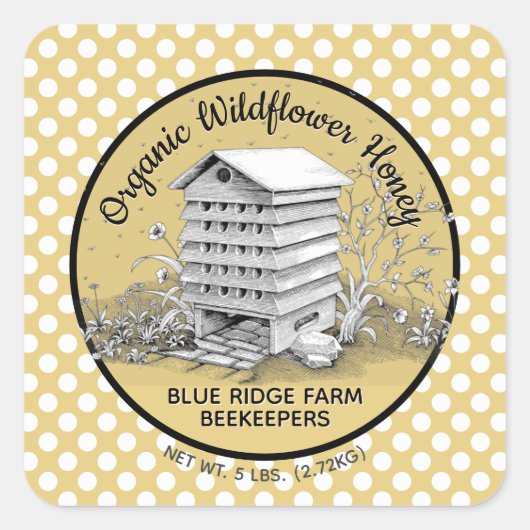 素朴蜂の巣の金ゴールド水玉模様ハニー瓶シール スクエアシール (正面)