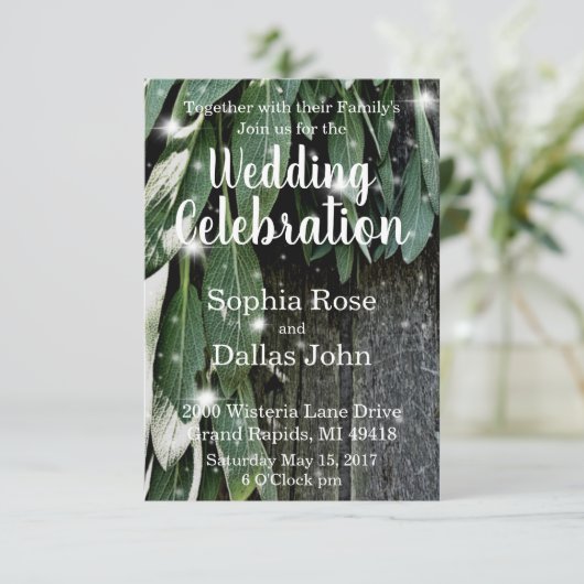 素朴裏庭の納屋の木とセージ結婚 招待状 (スタンド正面)