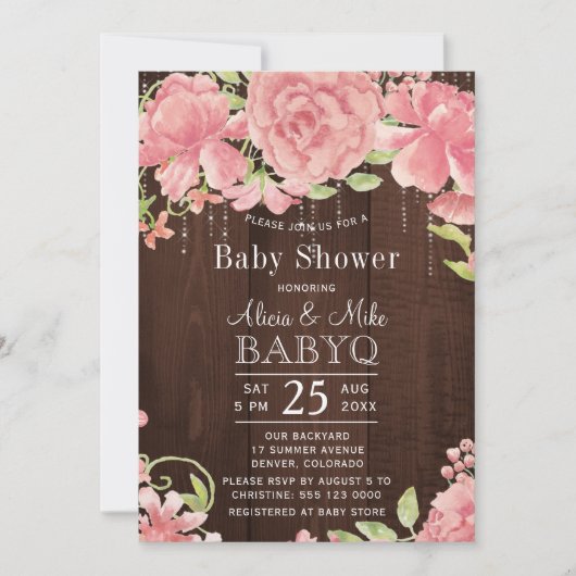 素朴裏庭の赤ちゃんシャワーbbqフローラピンクウッド 招待状 (正面)