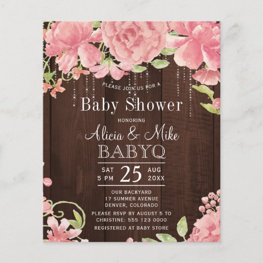 素朴裏庭ピンク赤ちゃんシャワー予算の招待状 (正面)