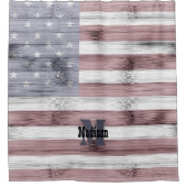 素朴赤白青ウッドUSA国旗モノグラム シャワーカーテン (正面)