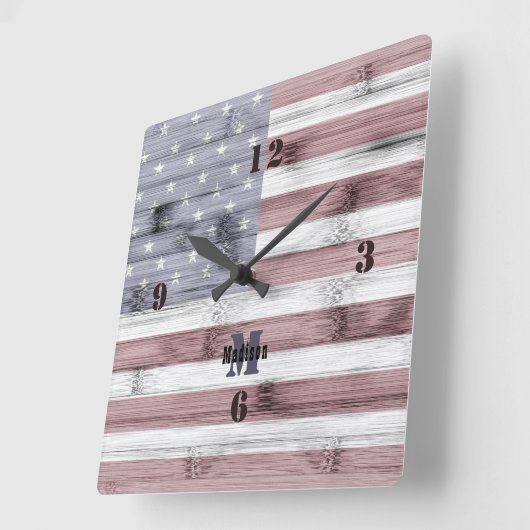 素朴赤白青ウッドUSA国旗モノグラム スクエア壁時計 (傾斜)