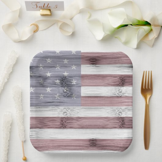 素朴赤白青ウッドUSA国旗 ペーパープレート (ウェディング)