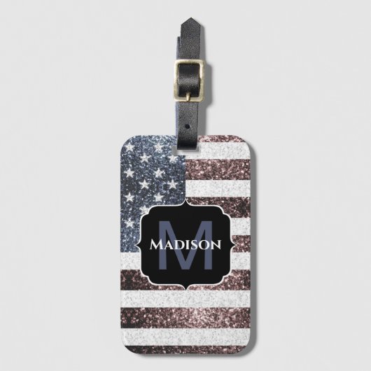 素朴赤白青スパークルUSA国旗モノグラム ラゲッジタグ (正面縦)