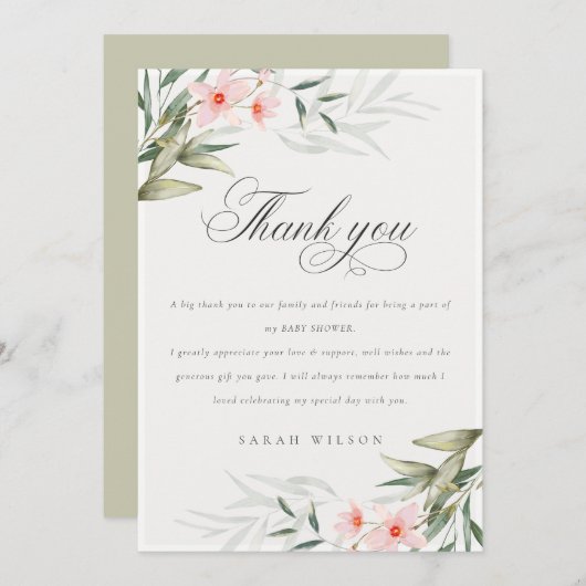 素朴赤面エレガントフローラベビーシャワー サンキューカード (正面/裏面)