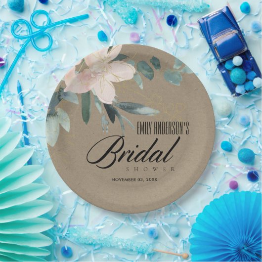 素朴赤面クラフトフローラ水彩ブライダルシャワー ペーパープレート (パーティー)